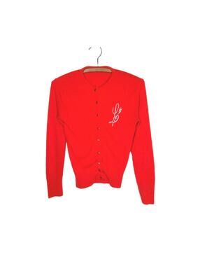 Vintage 60s L Monogram Cardigan Sweater Bright Red Acrylic Knit Retro MCM Pinup